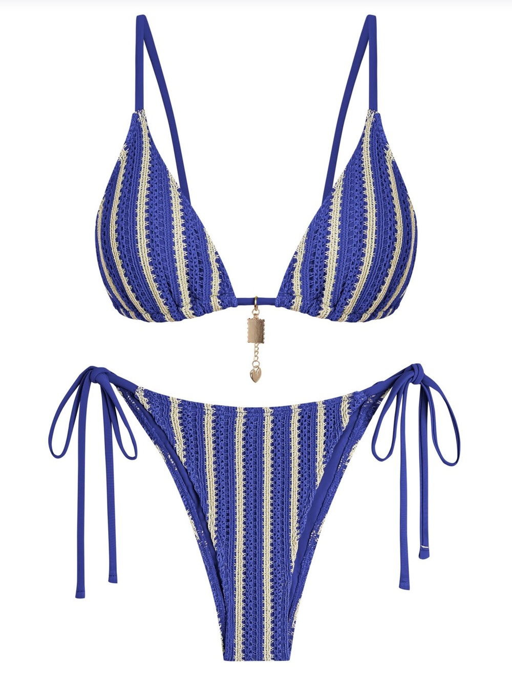 Zaful Navy Blue Crochet Stripe Bikini Set • NWT • Size Small